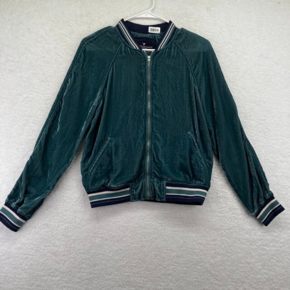 American Eagle Womens Bomber Jacket Size Small Teal Blue Velour Full Zip Stripes